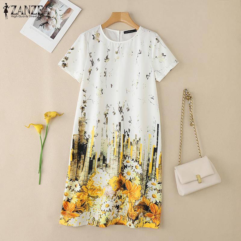 ZANZEA Women Casual Round Neck Short Sleeve Summer Floral Dress