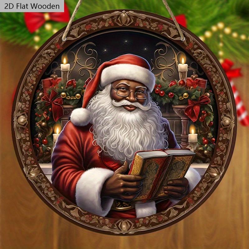 Black Santa Claus Wooden Christmas Sign - Navidad Round Sign for Yard Door Wall Hanging Decor - Ideal Christmas Decoration