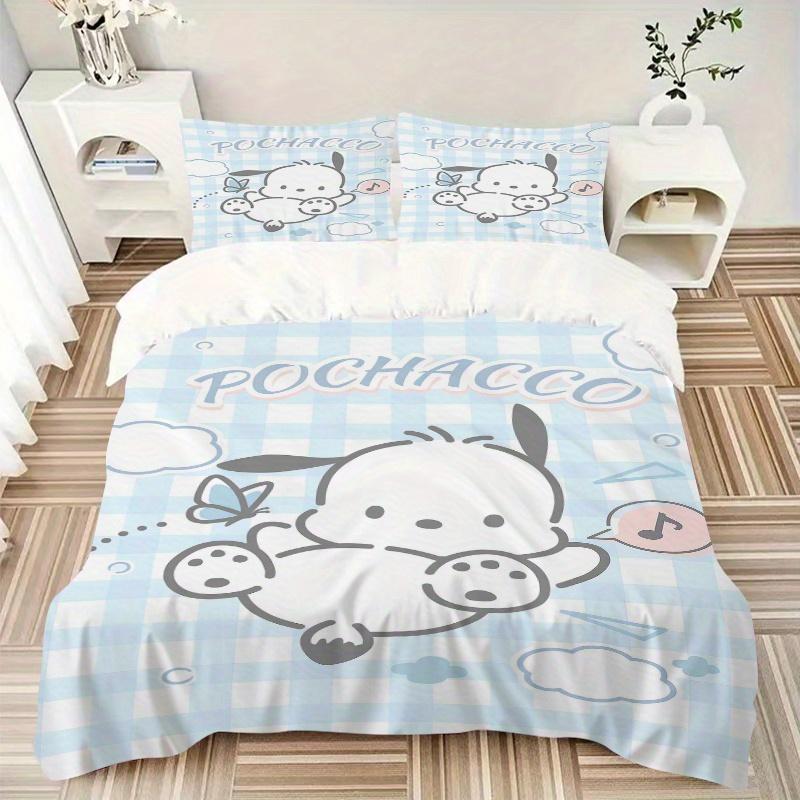 3pcs Blue Grid Pochacco Bedding Set, Including 1 Quilt Cover and 2 Pillow Shams, Without Filling, Soft and Comfortable Home Bedroom Fabric,