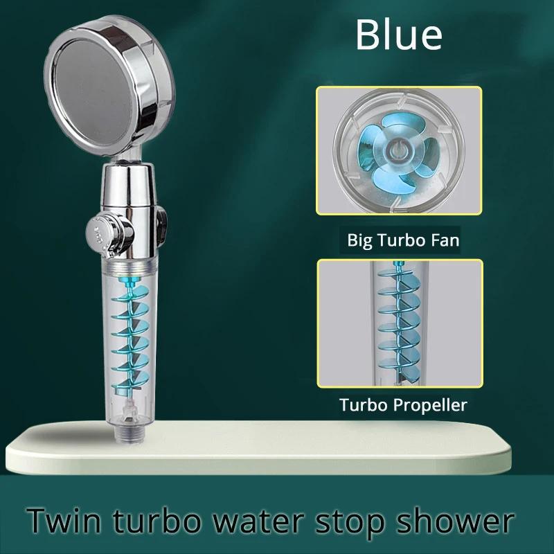 

High Pressure Shower Head Twin Turbocharged Shower Head Handheld Turbo Fan Propeller Shower One-key Stop Massage Showerhead синий
