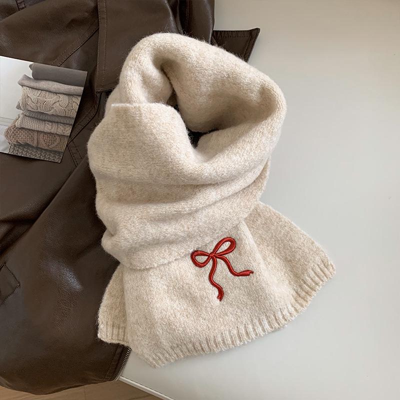 Japanese-Style Women's Winter Scarf: Cute Bow Knot, Warm Knitted Neck Gaiter with Embroidery