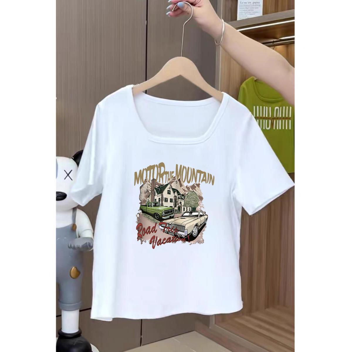 

Versatile front shoulder square neck short-sleeved T-shirt women s loose inner U-neck bottoming shirt lazy style European goods large size thin top M [80-60kg]