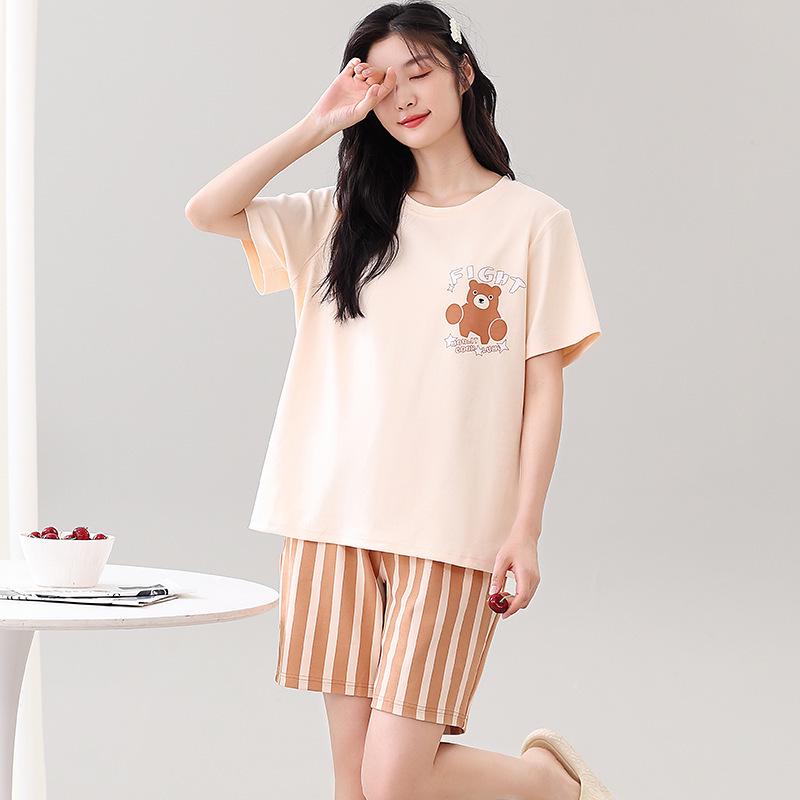 Couple's Summer Cotton Pajama Set: Cute Short Sleeve & Shorts for Women, Wear-Outside Style for Men.