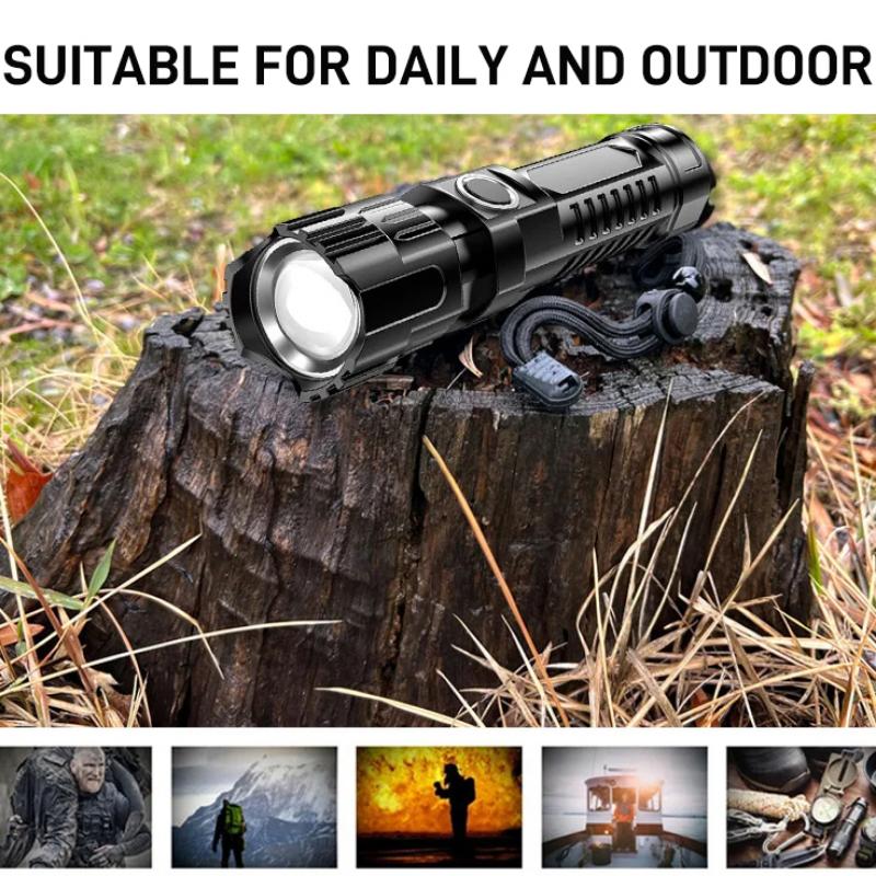 Multi-functional   Light LED Long-range  Zoom Flashlight, Plastic USB Rechargeable  Outdoor Camping, Fishing, Hunting, Climbing, Adventure Emergency