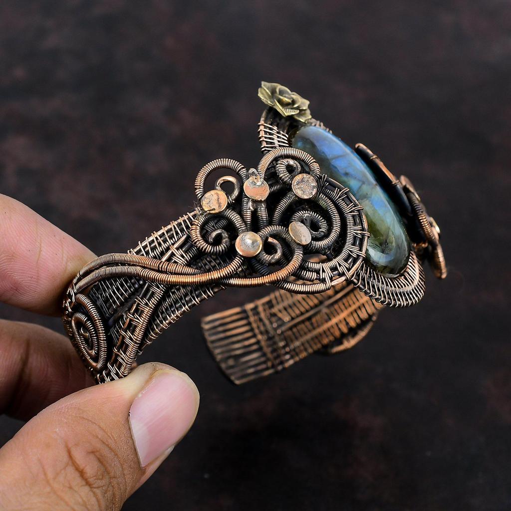 Labradorite Gemstone Cuff Bracelet Adjustable Bangle Copper Wire Wrapped Cuff Bracelet Flower Bangle Designer Copper Jewelry Handmade Bangle