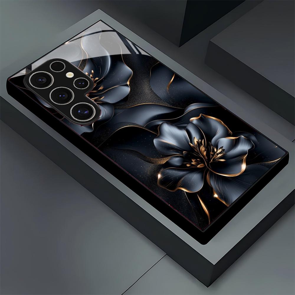 Schwarze Blumen Handyhülle Glas-Handyhülle für Samsung Galaxy S26 22 23 24 25 PLUS S21 22 23 24 25 ULTRA