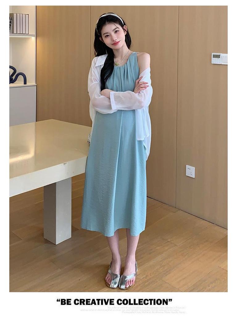 Umstandssommerkleid-Set im französischen Stil: Slipkleid & Sonnenschutzhemd - Lockere Passform