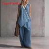 Bohemian Style Sleeveless Cotton Vest And Wideleg Pants Casual Set For Women Spring Summer