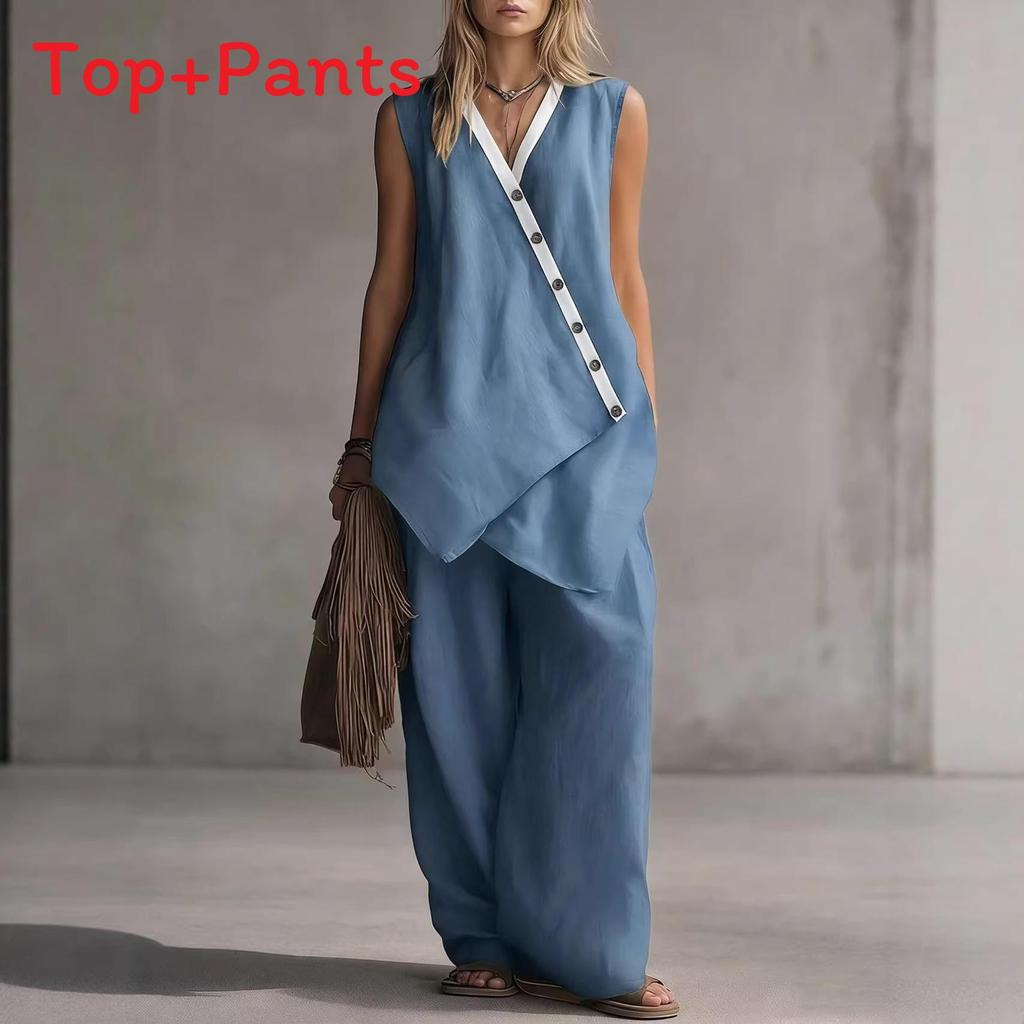 Bohemian Style Sleeveless Cotton Vest And Wideleg Pants Casual Set For Women Spring Summer