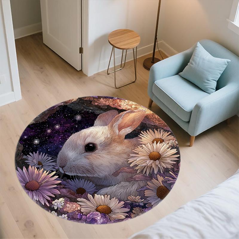 Rabbits in Flower Bush,Round Area Rug,Carpet Rug for Living Room Bedroom Sofa Playroom Decor,Non-slip Floor Mat