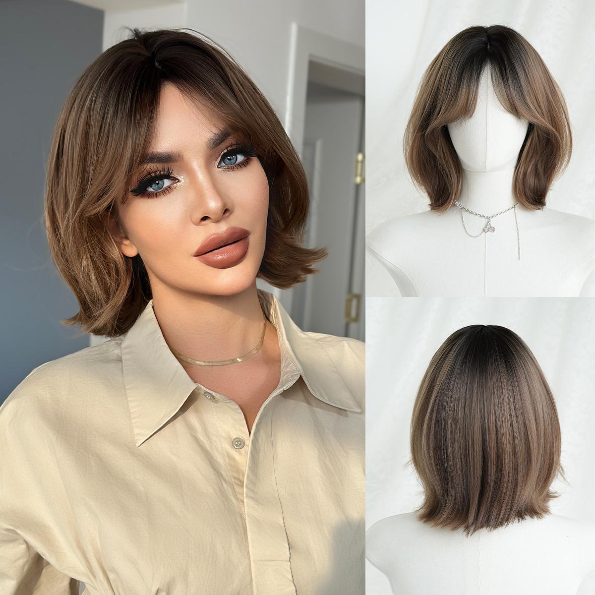 

Коричневый парик боб для женщин - Слоистый, с загнутыми внутрь прядями и воздушной челкой, термостойкий, готовый к стрижке, корейский стиль, омолаживающий, полный колпак 33cm