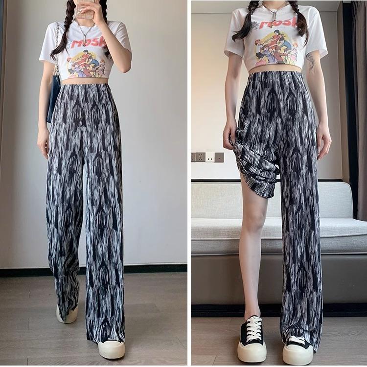 Lady Ice Silk Tie Dyed Gradient Color Wide Leg Pants Personalized Fashion Summer High Waisted Pit Strip Loose Drape Mop Trousers