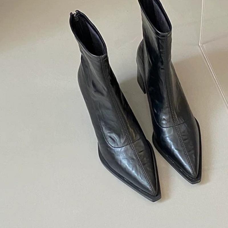 Pointed high-heeled short boots women's new winter velvet boots brown thick-heeled fashion boots high-end thin boots