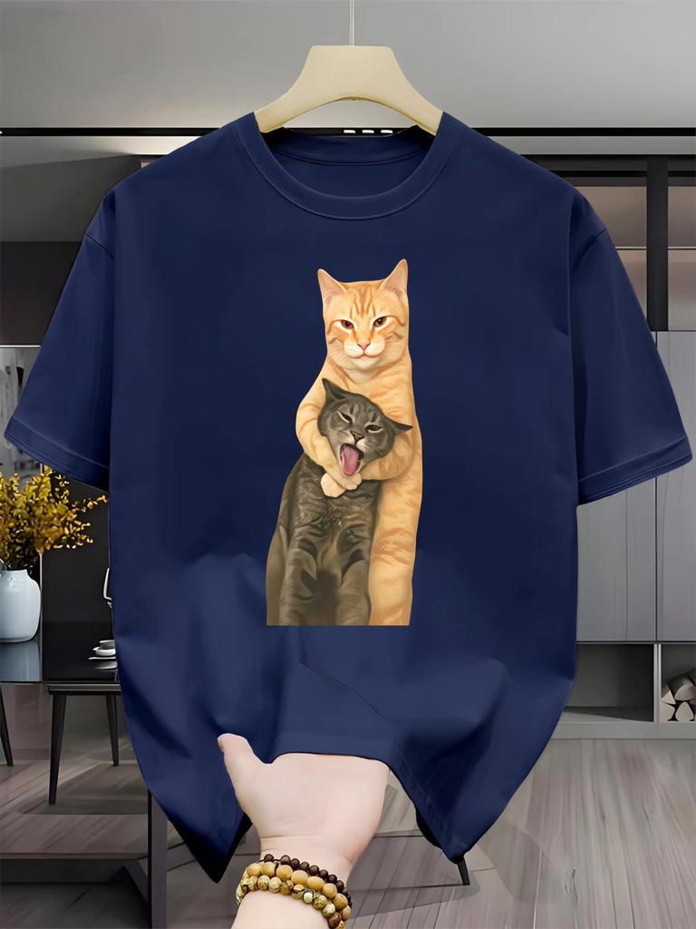 Summer 100 Pure Cotton Unisexs And Unisexs Cat Print Round Neck Short Sleeved Couple Gift Street Casual Loose Breathable Tshirt