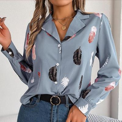Fashion Women Long Sleeve Blouse Feather Print Suit Collar Shirt Spring Autumn Temperament Elegant