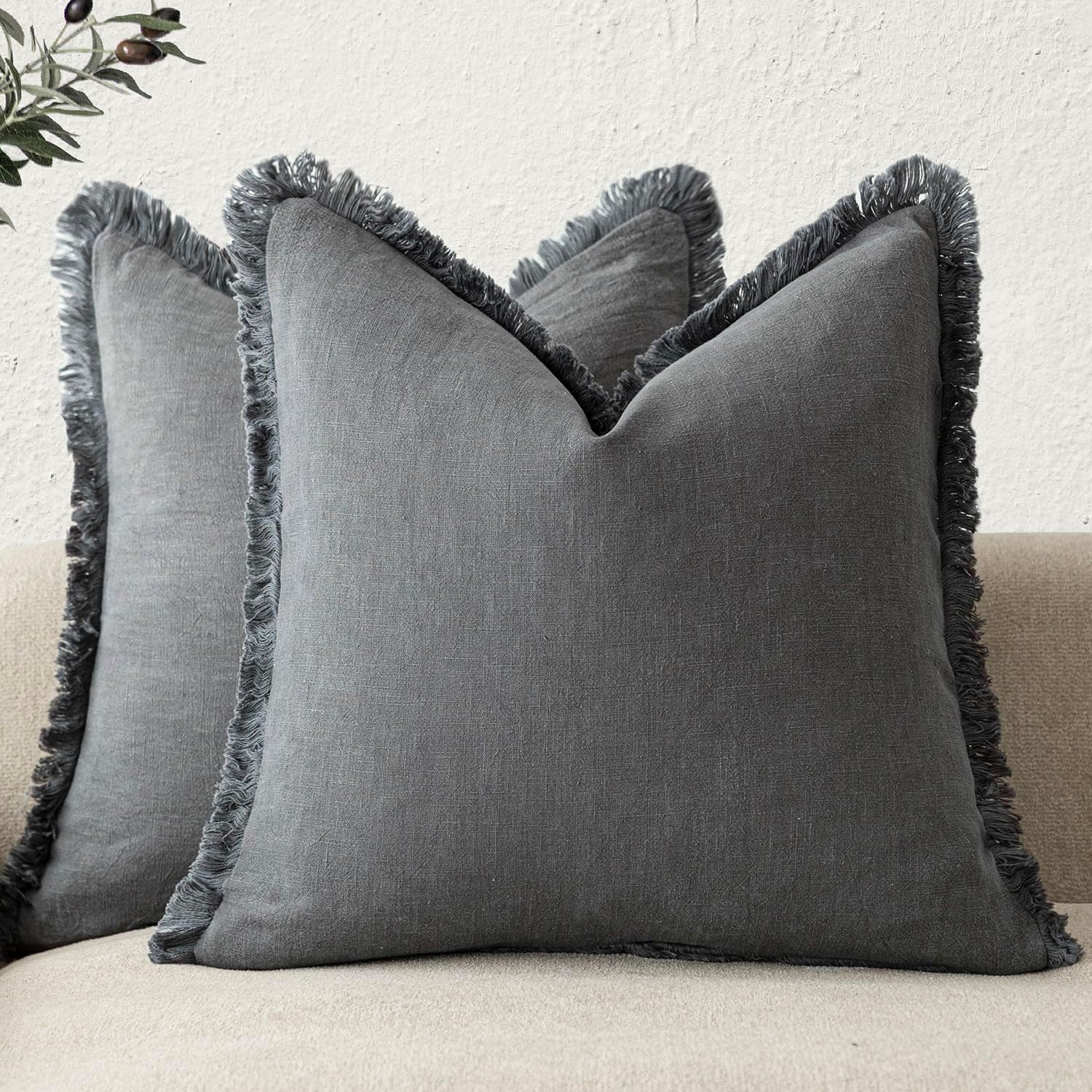 Olijfgroene Linnen Franje Kussenhoezen Boho Boerderij Kussenhoes met Kwastjes Bank Woonkamer Kussensloop 18×18 Inch 45x45cm