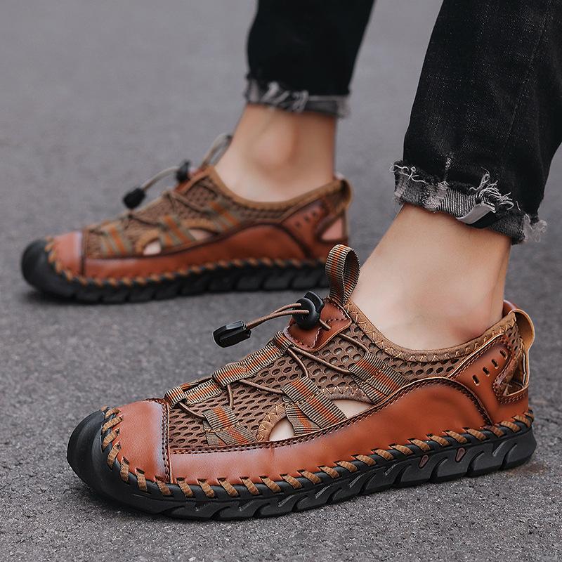 Sandales d'été pour hommes, chaussures d'extérieur antidérapantes, de plage, faites à la main, en cuir véritable, baskets à la mode