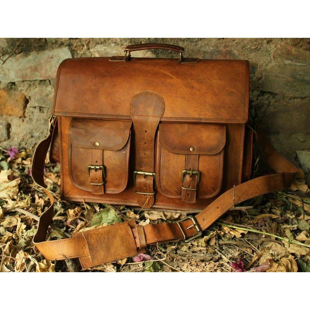 Men's Genuine Vintage Messenger Shoulder Goat Laptop Leather Briefcase Satchel