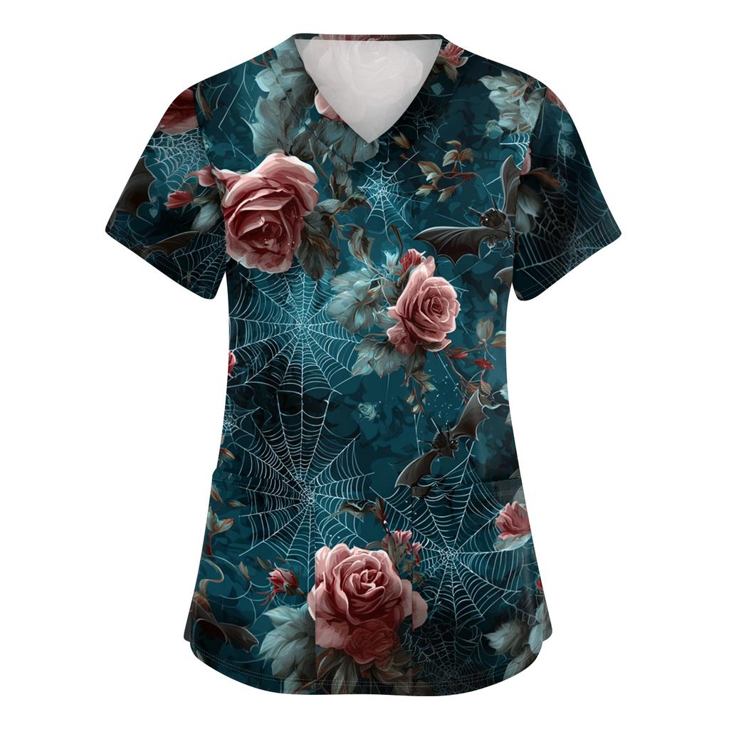 Women's V Neck Short Sleeve Work Top with Pockets Halloween Print Medical Uniform Shirt for Caregivers and Healthcare Professionals