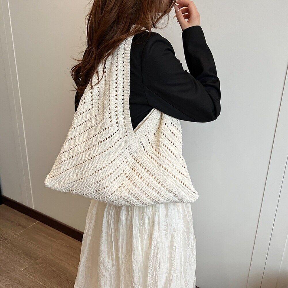 Fashion Polyester Crochet Shoulder Bags Large Capacity Handmade Tote Bag Vintage Hollow Out Handbag Girls