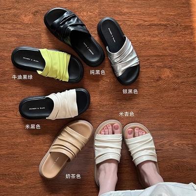 Soft Leather Version~ New Soft Leather Pleated Thick-soled Small Versatile Sandals Women's One-pedal Retro Soft-soled Muffin Shoes