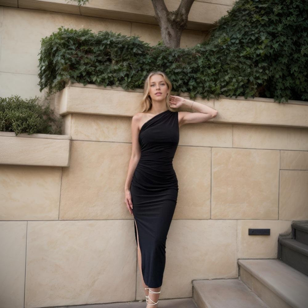 Women s high-end celebrity style dress spring and summer oblique collar banquet temperament long dress S чёрный