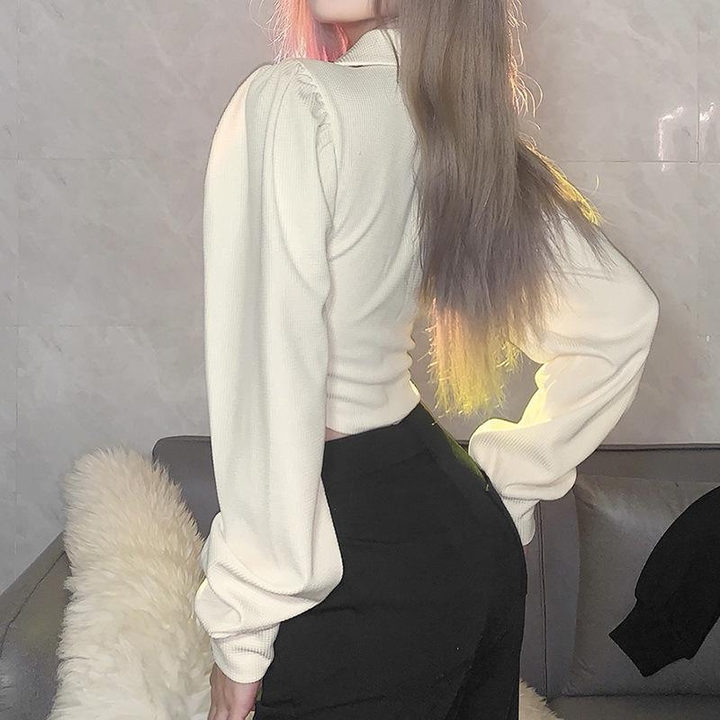 Evropský a americký styl jaro a podzim dámský jednobarevný slim střih s odhaleným pupíkem Módní klopa, zip, dlouhý rukáv