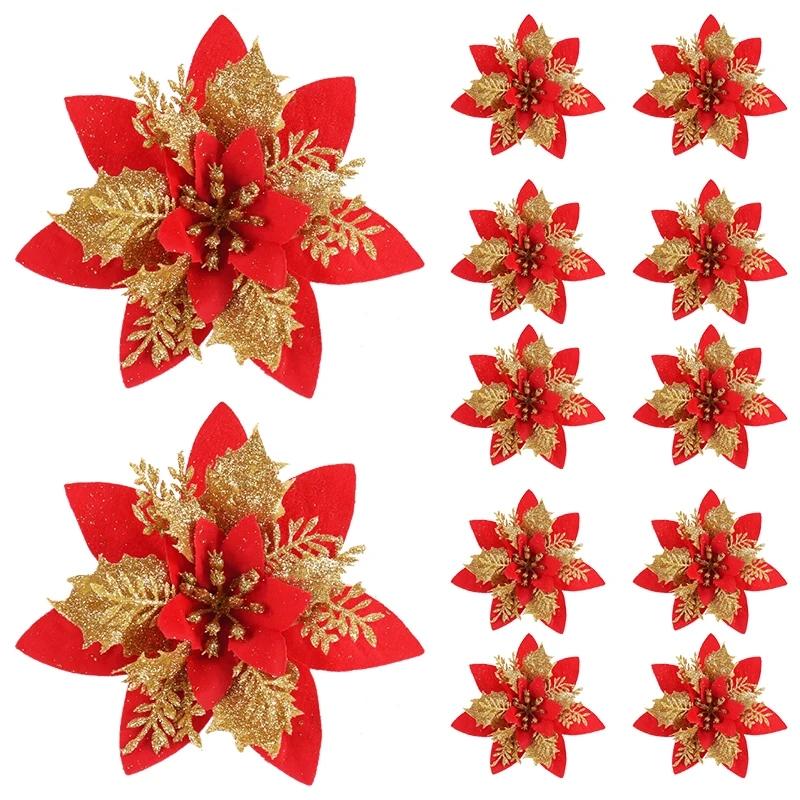 5pcs Glitter Pink Christmas Flowers Xmas Tree 14cm Artifical Flower Ornaments 2025 Merry Christmas Decoration For Home New Year