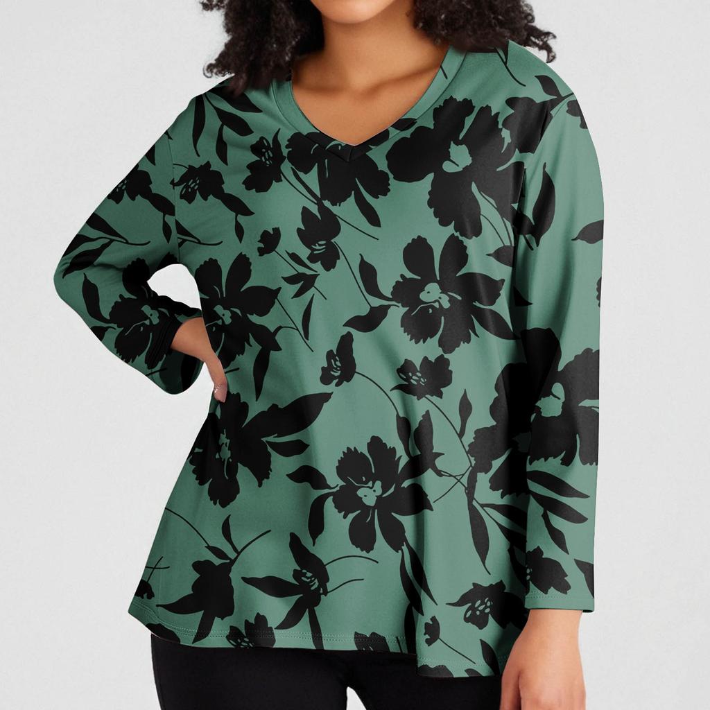 Modisches lässiges Langarm-Oberteil für Damen in Übergröße mit Blumenprint Übergröße Blumenprint-Oberteil