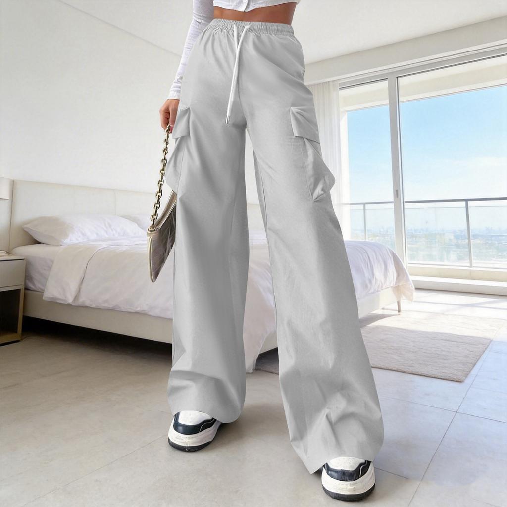 Women's Casual And Stylish Wide-leg Double-pocket Drawstring Cargo Pants