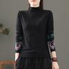 Women's Embroidered T-shirt Loose FlockingThickened Semi-turtleneck T-shirt Autumn Winter Warm Pullover