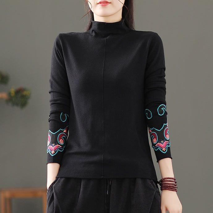 Women's Embroidered T-shirt Loose FlockingThickened Semi-turtleneck T-shirt Autumn Winter Warm Pullover