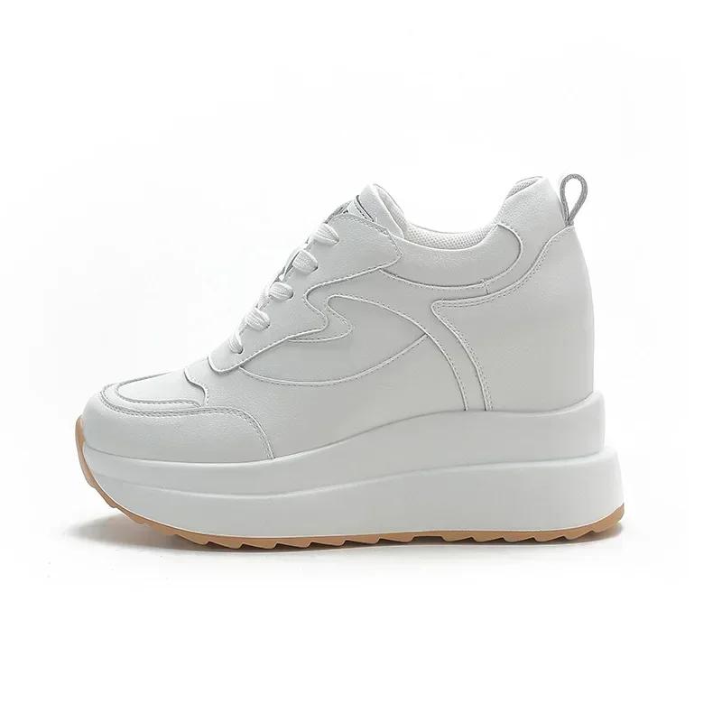 

Модные 10 см 4 дюйма Кроссовки на платформе и танкетке Массивная обувь Натуральная кожа для женщин Летняя обувь Осенние кроссовки для ходьбы Мода 34 белый