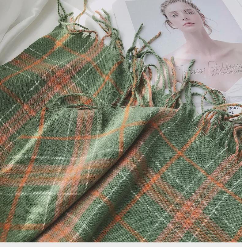 Fular Plaid din Cașmir Imitat pentru Femei - Stil Coreean/Japonez, Șal Cald cu Ciucuri în Culori Contrastante pentru Toamnă/Iarnă.