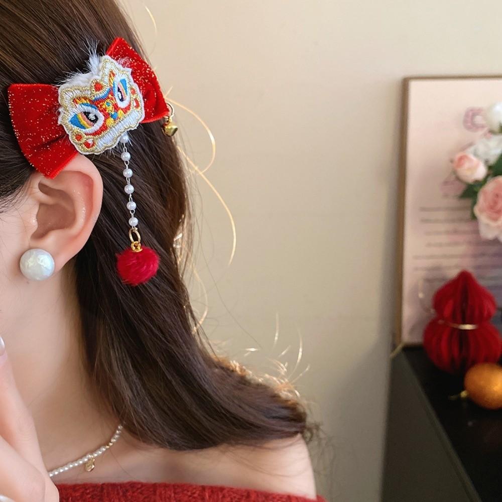 Cloth Chinese Tassel Bow Hairpin Lion Dance Flocking Hair Clip Photographic