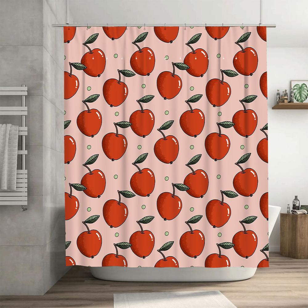 Vintage Cherry Bath Shower Curtain Red Floral Print Fabric Waterproof Washroom Decor – Pink Background, Orange Apples for Bathro