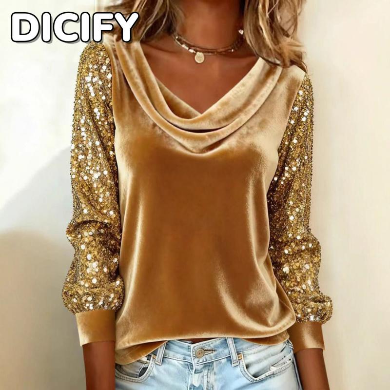 DICIFY Women's Fashion Casual Solid Color Print Autumn Winter Long Sleeve Loose Blouses & Shirts