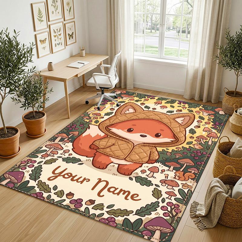 Autumn Fox Theme Soft Crystal Velvet Rug Custom Name & Text Print Non Slip Floor Rug for Bedroom Living Room
