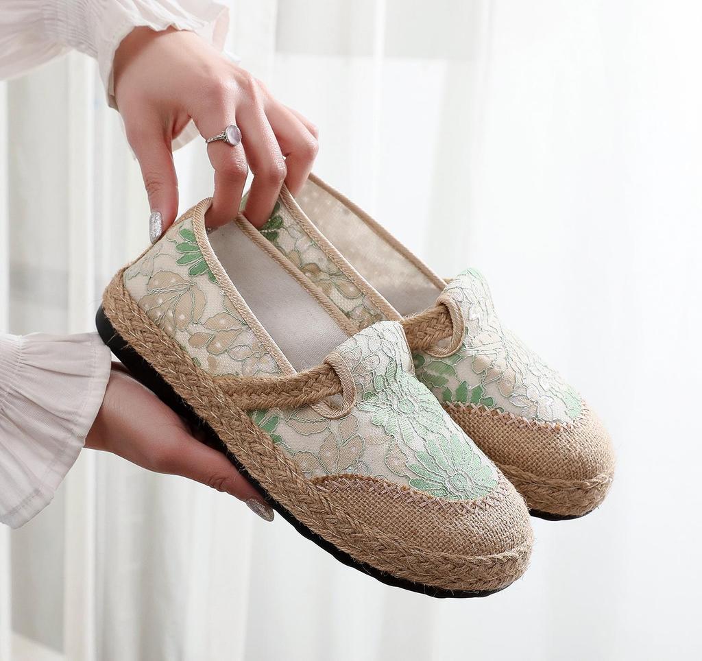 Damskie etniczne lniane buty codzienne - lekkie, antypoślizgowe, oddychające, z miękką podeszwą na wiosnę i jesień