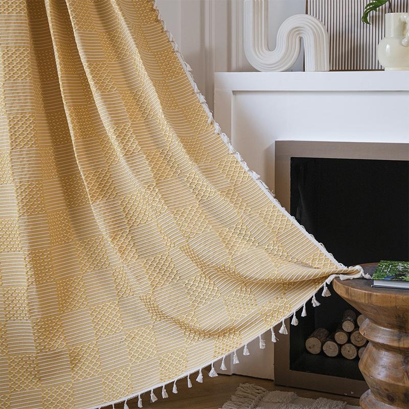 

Cotton Linen Rural American Style Plaid Embroider Window Curtain with Tassels Blackout Valance Living Room Bedroom Curtain W132 x H45cm&Threading Rod