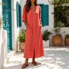 Middellange Jurk Dames Zomer Knopen Lange Jurk, Casual Losse V-hals Tuniek Op te rollen Mouw Vakantie Lounge Outfits Feest