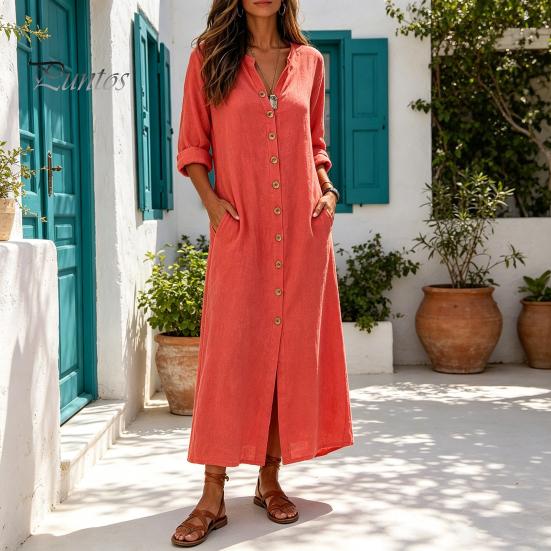 Middellange Jurk Dames Zomer Knopen Lange Jurk, Casual Losse V-hals Tuniek Op te rollen Mouw Vakantie Lounge Outfits Feest