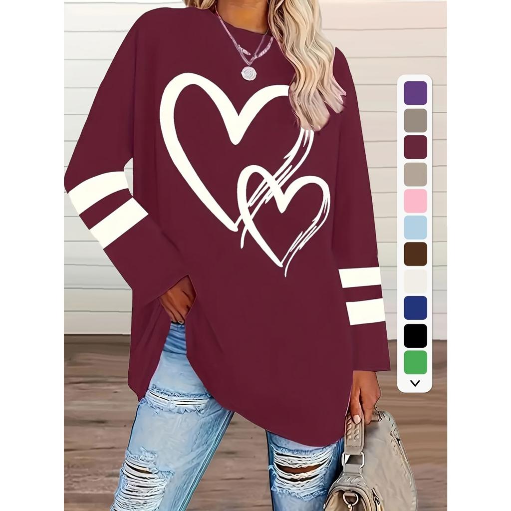 T-shirt da Donna Taglie Forti, Maglia Casual a Girocollo Manica Lunga con Stampa a Cuore, Abbigliamento da Donna Taglie Forti all'Ingrosso