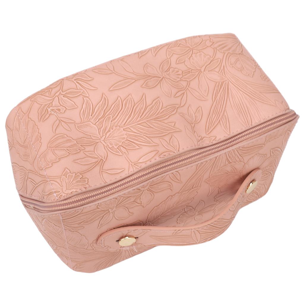 Make Up Cosmetic Bag PU Leather 180 Degree Opening Large Capacity Multi Functional Divider Flat Makeup Bag Pink