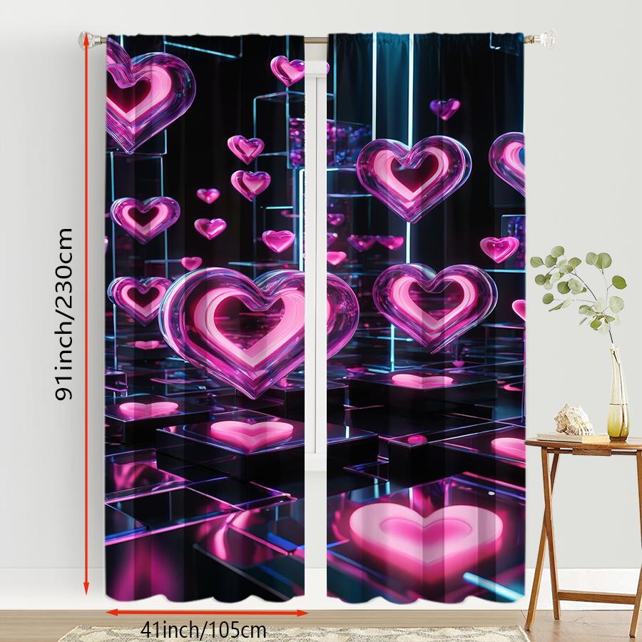 2PCS Neon Pink Love Technology Style Curtains   Trendy Cool Style   Suitable for Bedroom and Living Room   Pull up Pocket Style