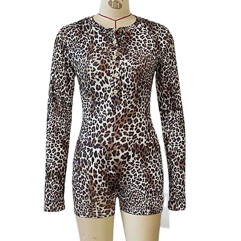 Damen Frühling Rundhals Einfachknöpfig Leopardenmuster Sexy Slim Jumpsuit