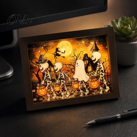 Indoor Festive Atmosphere Decor Ghost Photo Frame Lamp, Halloween Lighted Shadow Box, Haunted House Theme Gothic Skeleton Table Centerpiece