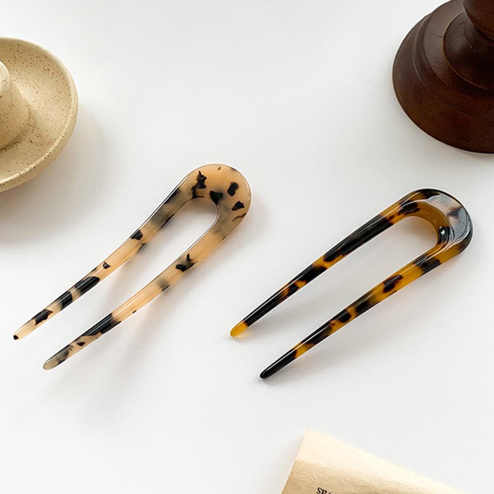 2Pcs U Shaped Hairpin French Style Hair Stick Tortoise Shell Hair Pin 2 Prongs Updo Chignon Pins for Women Girls Hair