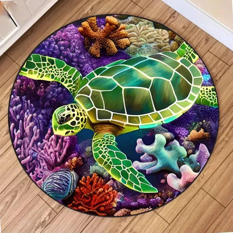 Soft Round Area Rugs Indoor Mats Sea Turtle Ocean Animal Nautical Map Unique Carpet for Living Room Bedroom Woman Yoga Mat Home