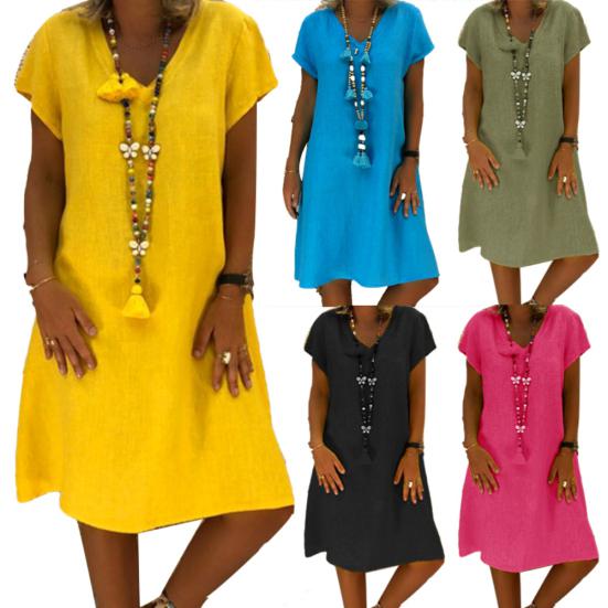 Women Casual Solid Color V Neck Short Sleeve Beach Knee-length Loose Dress